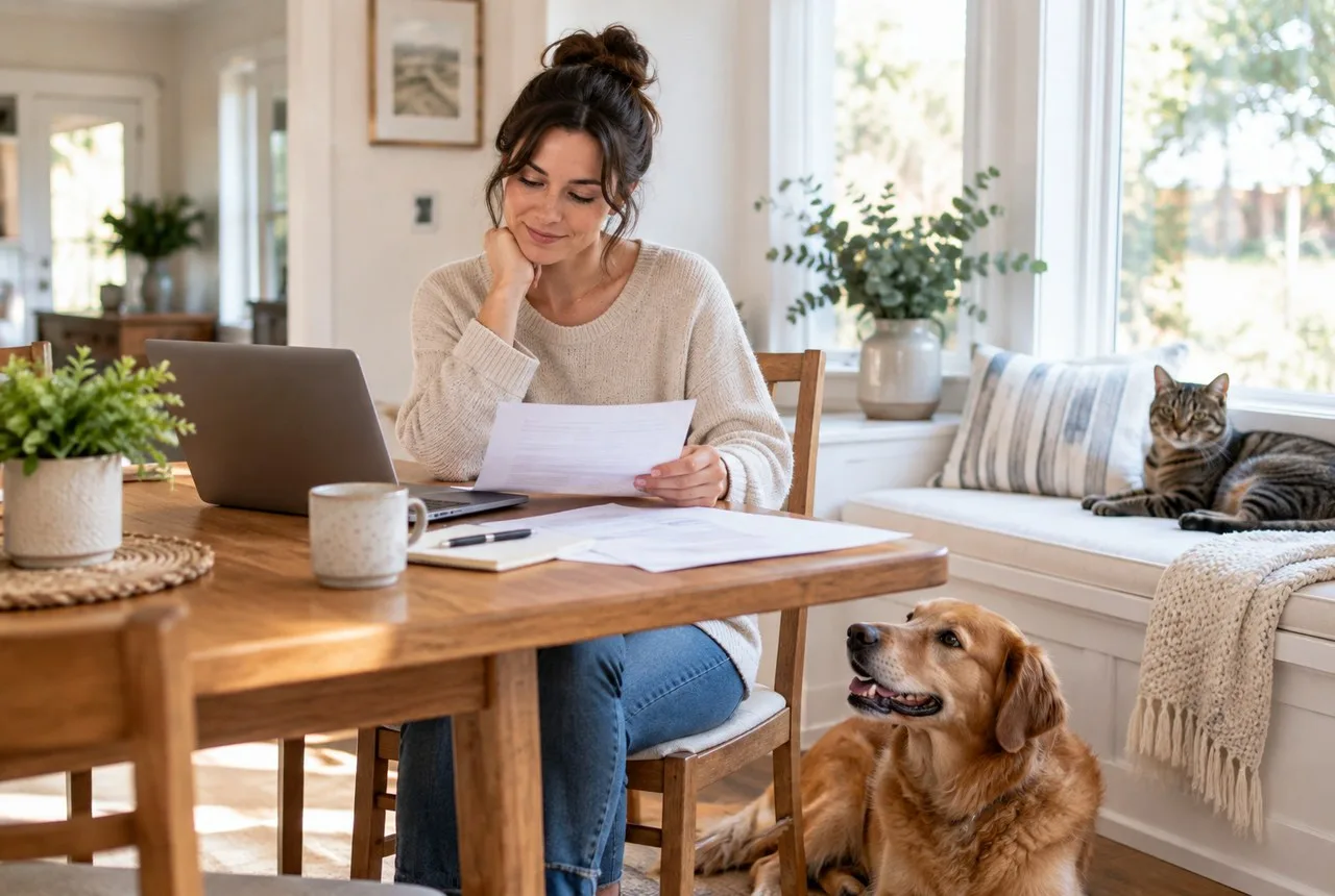 Owner reviewing documents at home with a dog and cat nearby